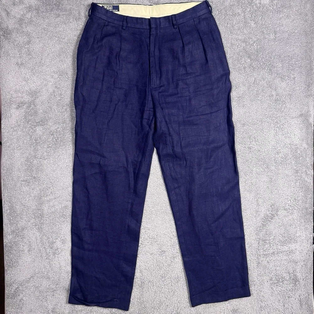 Polo Ralph Lauren Pants Mens 36x32 100% Linen Pleated Cuff Dress Trouser Vintage